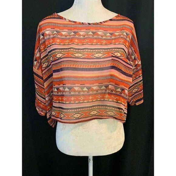 Millau Red Orange Ivory Short Sleeve Crop Top - Picture 1 of 8